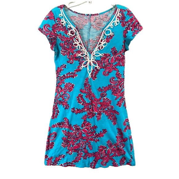 Lilly Pulitzer Dress Women’s XSmall‎ Blue Red Lace Trim 100% Cotton Short Summer - Picture 1 of 11